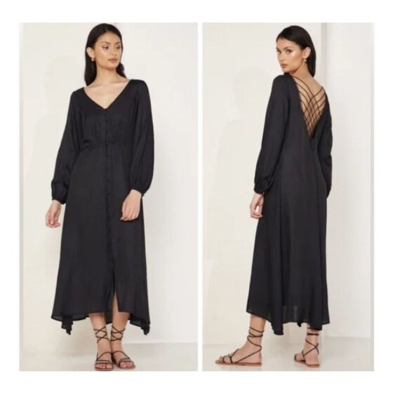 Free People Later Days Anthropologie Black Strappy Satin Midi‎ 3/4 Sleeve Size 4 - Picture 1 of 13